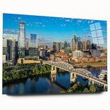 Large abstract wall art print featuring swirling blues and grays on canvas, ideal for bedroom or dining room decor.