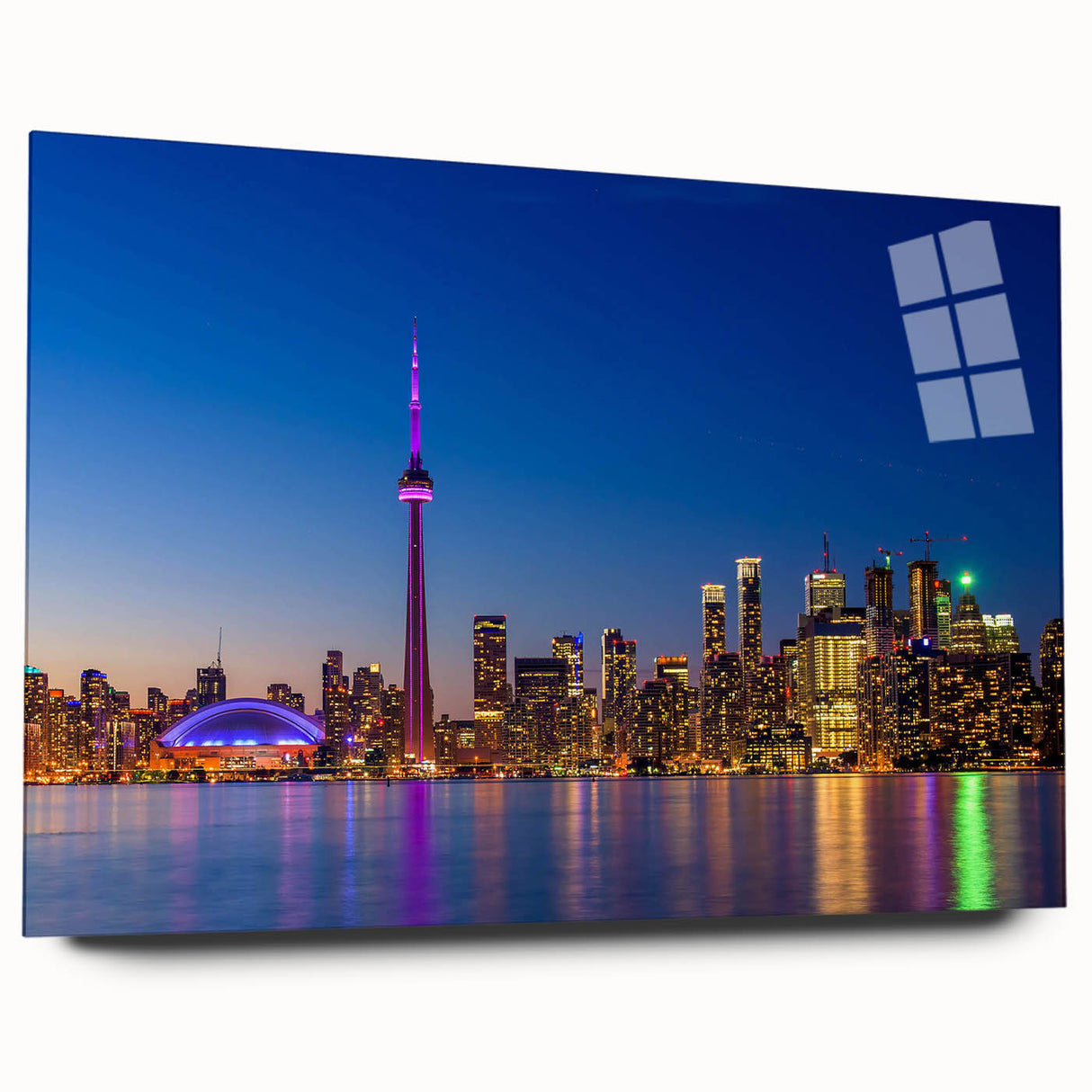 Large abstract wall art in vibrant blue and gold, acrylic print, ideal for bedroom or dining room ambiance.