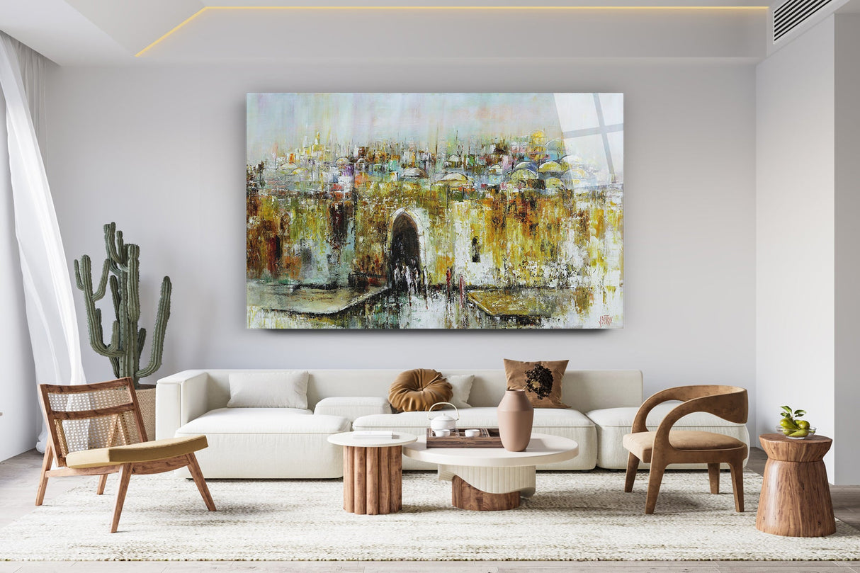 Shabbat in Jerusalem - Yossi Bitton's Jewish Art Print on Acrylic displayed in a living room, highlighting its serene depiction of Shabbat in Jerusalem.