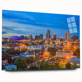 Large abstract wall art print in vibrant blue and orange hues on canvas, ideal for modern bedroom or dining room decor.