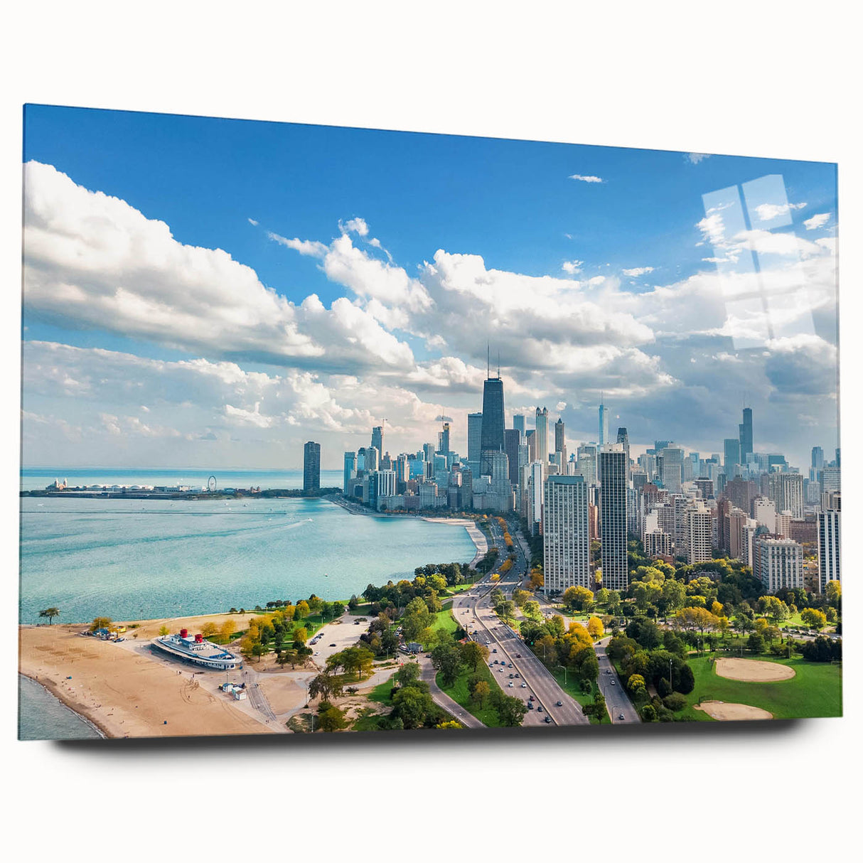 Large abstract wall art featuring swirling blue and gray tones on canvas, suitable for bedroom or dining room decor.