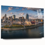 Large abstract wall art print in muted gray and blue tones on canvas, ideal for bedroom or dining room decor.