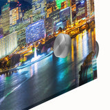 Large abstract wall art in mid-century modernist style with vibrant orange and blue tones on canvas.