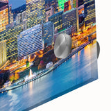 Large abstract wall art in mid-century modernist style with vibrant orange and blue tones, ideal for dining room ambiance.