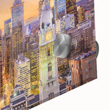 Large abstract wall art in mid-century modernist style with vibrant orange and blue tones on canvas.