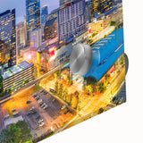 Large abstract wall art in mid-century modernist style, featuring bold geometric shapes in earth tones.