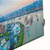 Large abstract wall art featuring mid-century modernist style in vibrant orange and teal hues.