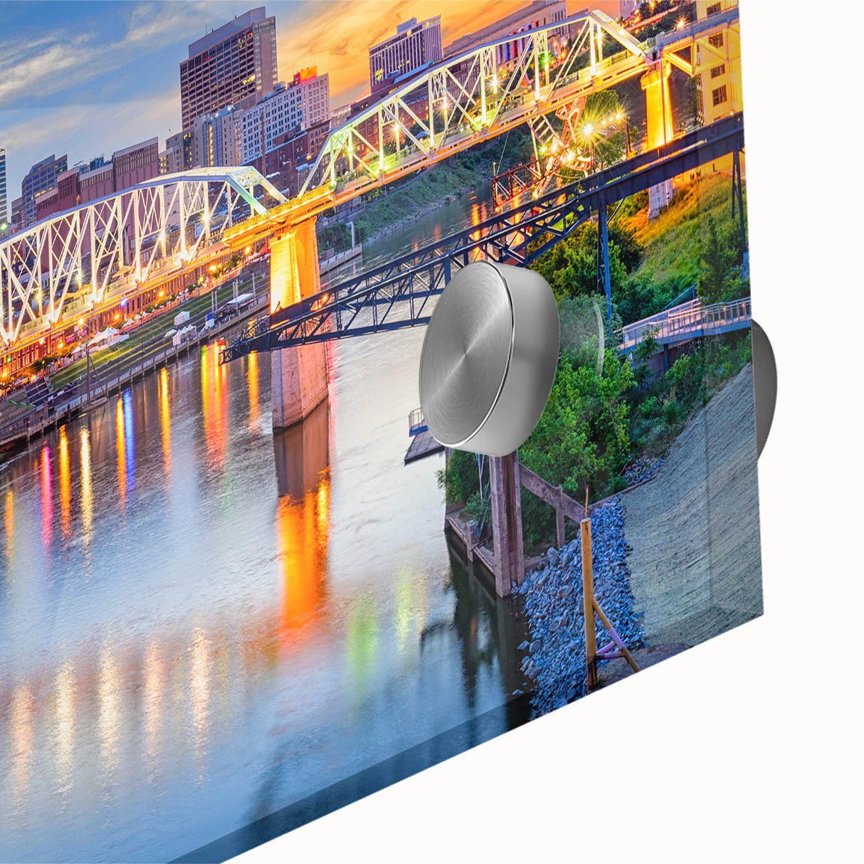 Large abstract wall art in mid-century modernist style with vibrant blue and orange tones on canvas.