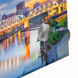 Large abstract wall art in mid-century modernist style with vibrant blue and orange tones on canvas.