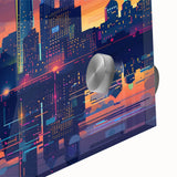 Large abstract wall art in mid-century modernist style, featuring bold geometric shapes in orange and blue.