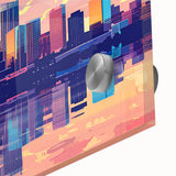 Large abstract wall art in mid-century modernist style with vibrant orange and teal colors, ideal for dining room ambiance.