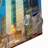 Large abstract wall art in mid-century modernist style with vibrant orange and blue tones on canvas.