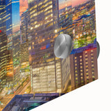 Large abstract wall art in mid-century modernist style with vibrant blues and oranges on canvas, ideal for dining room decor.