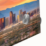 Large abstract wall art in blue and orange tones, mid-century modernist style, ideal for dining room ambiance.