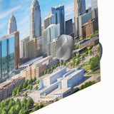 Large abstract wall art in mid-century modernist style with vibrant orange and teal colors on canvas.