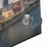 Large abstract wall art in mid-century modernist style, featuring bold geometric shapes in earth tones.