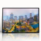 Large abstract wall art in mid-century modernist style, featuring bold geometric shapes in a mix of vibrant and muted tones.