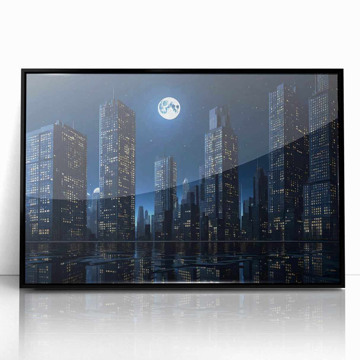 Large abstract wall art featuring swirling blue and gold patterns on canvas, ideal for modern living room decor.