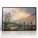 Large abstract wall art featuring mid-century modernist shapes in vibrant orange and blue tones on canvas.