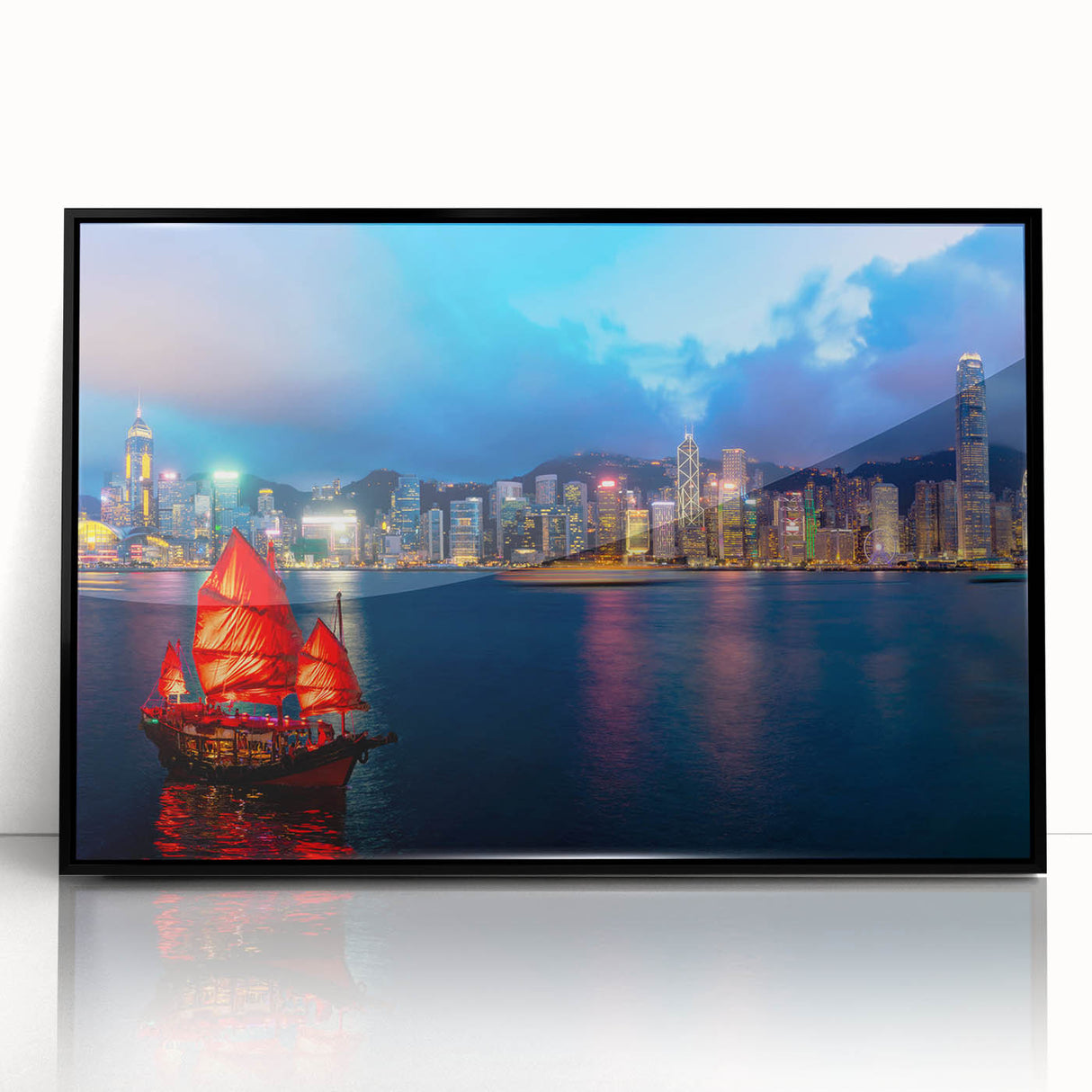 Large abstract wall art featuring swirling blue and gold tones on canvas, ideal for modern living room decor.