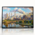 Large abstract wall art featuring swirling blue and gray tones on canvas, in a mid-century modernist style.