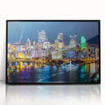 Large abstract wall art featuring swirling blue and green patterns on canvas.