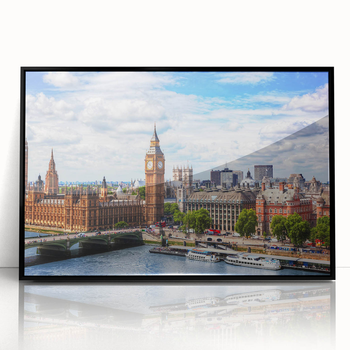 Large abstract wall art featuring swirling blue and gold tones on canvas, in a mid-century modernist style.