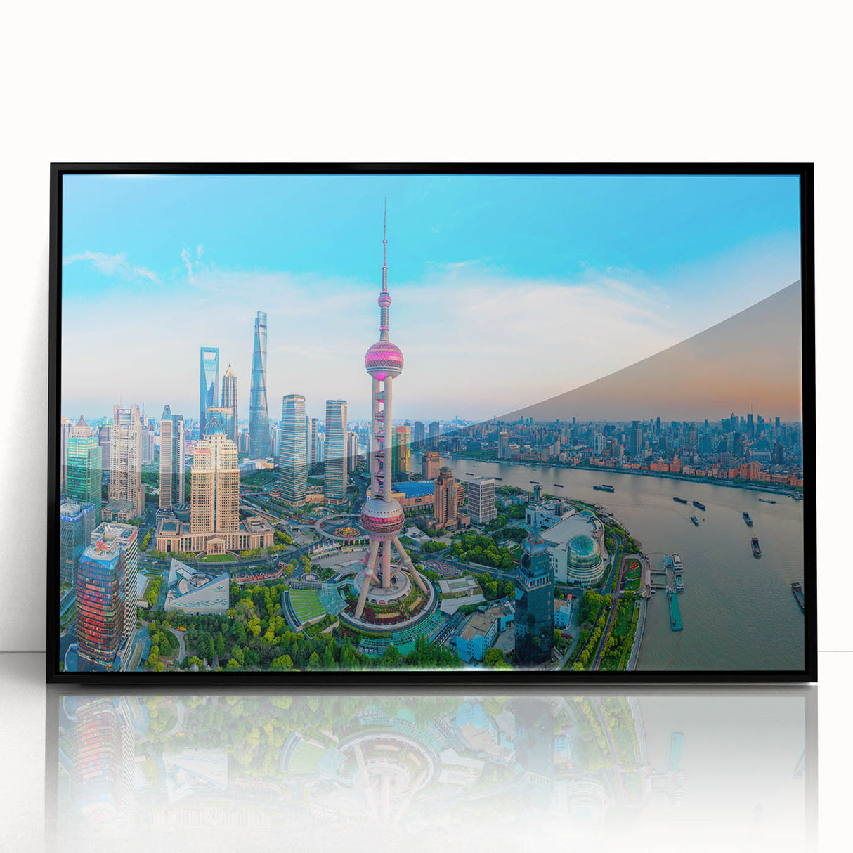 Large abstract wall art print featuring swirling blue and gray tones on canvas, ideal for modern living room decor.