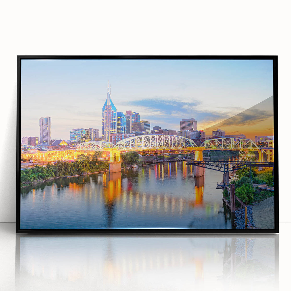 Large abstract wall art in mid-century modernist style with bold blue and orange hues on canvas.