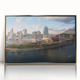 Large art print of a mid-century modernist abstract design in muted blue and orange tones on canvas.