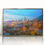 Large art print of a mid-century modernist abstract design in pastel shades on canvas, suitable for nursery wall art.