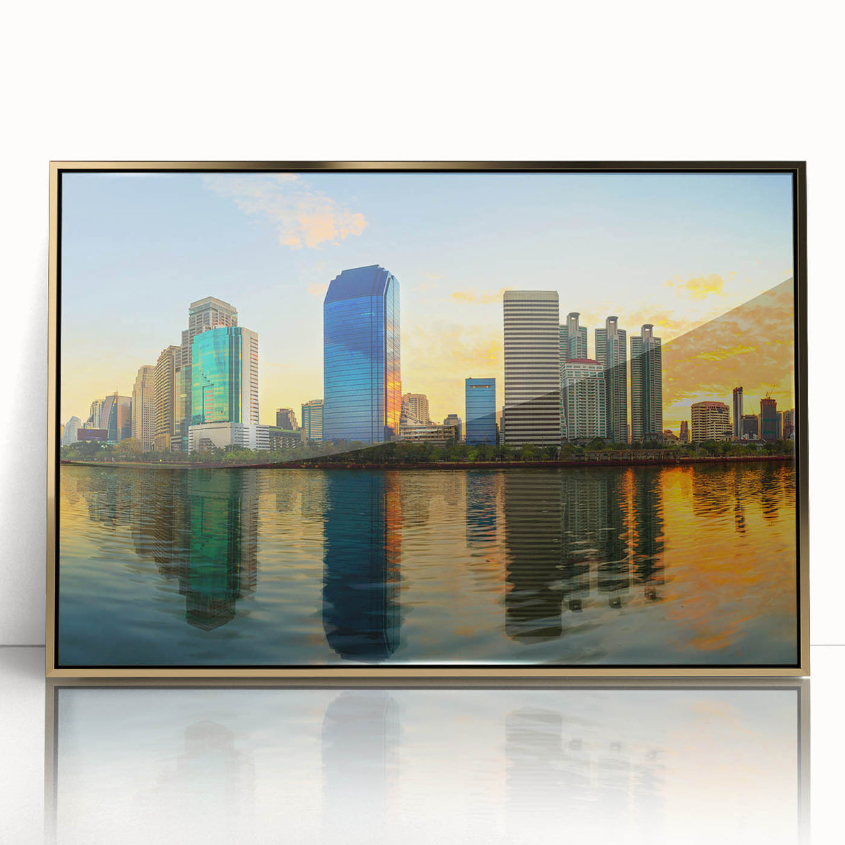 Mid-century modernist art print depicting abstract shapes in muted earth tones on large canvas.