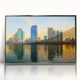 Mid-century modernist art print depicting abstract shapes in muted earth tones on large canvas.