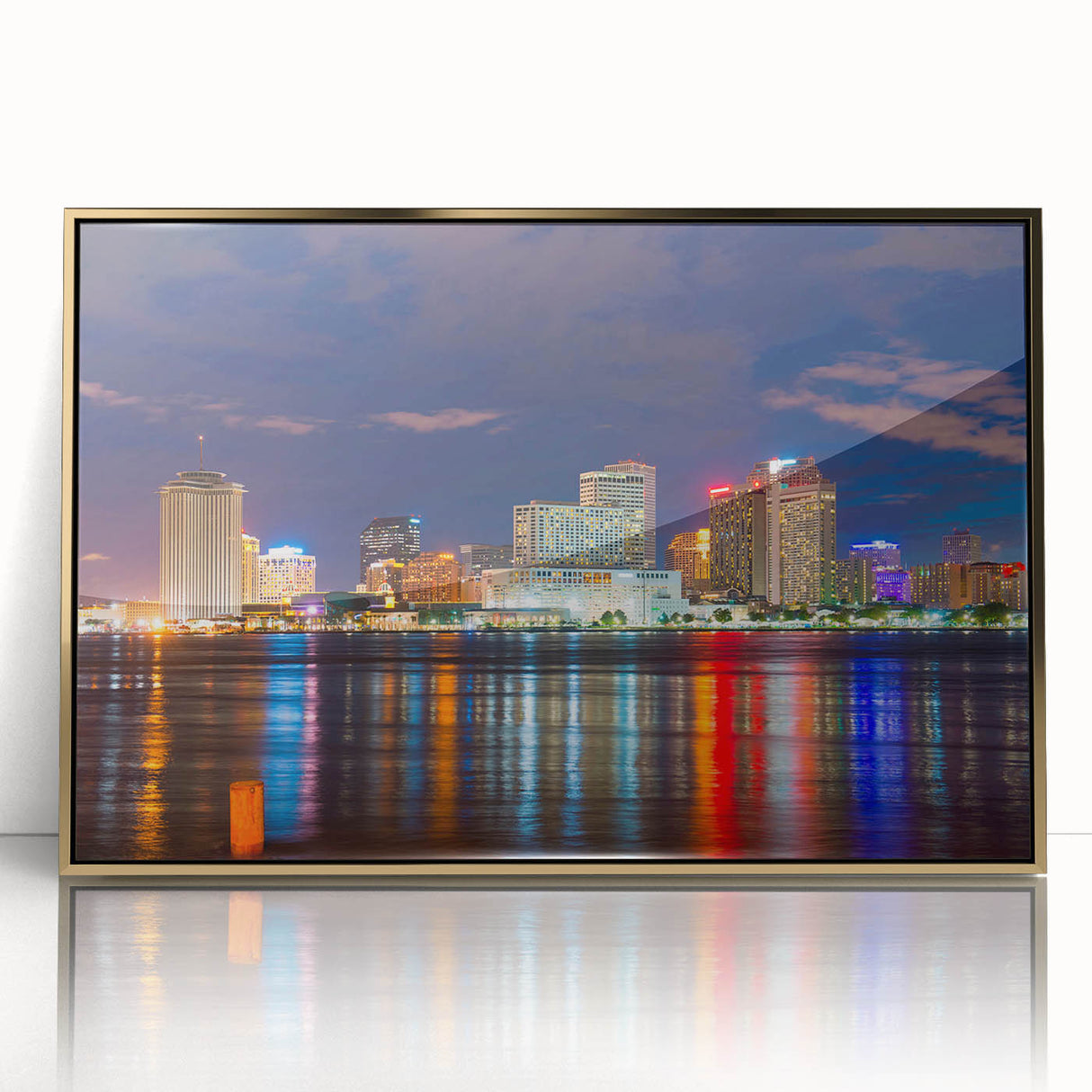 Large art print of a mid-century modernist cityscape in muted gray and blue tones.