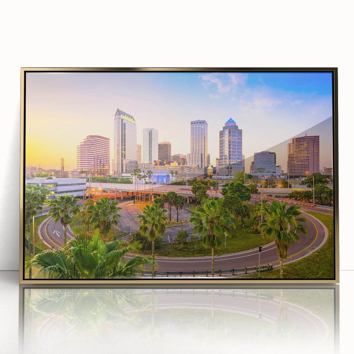 Large art print of a mid-century modernist style cityscape in muted gray and blue tones on canvas.