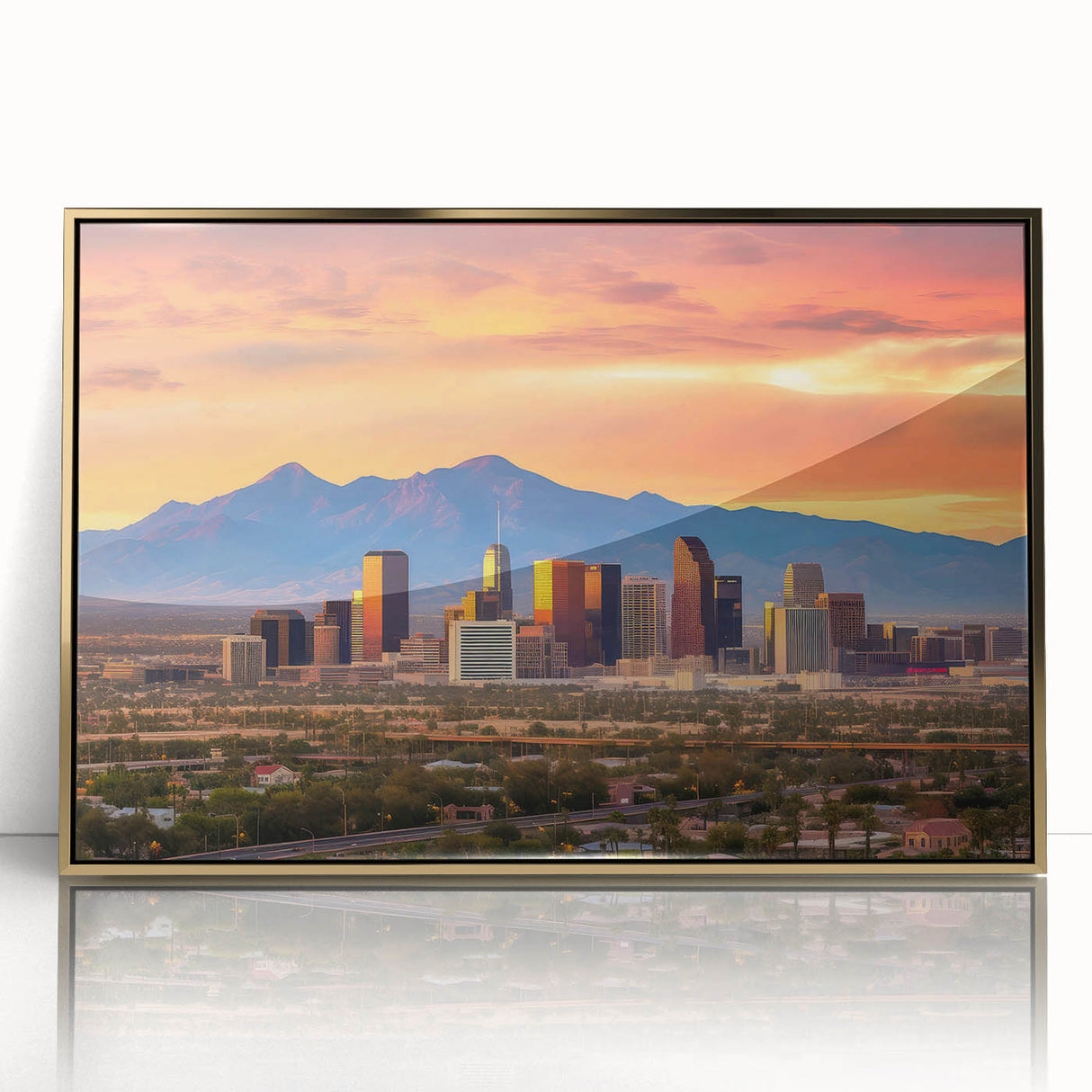 Large art print of a mid-century modernist abstract design in vibrant orange and blue tones, ideal for modern art wall decor.