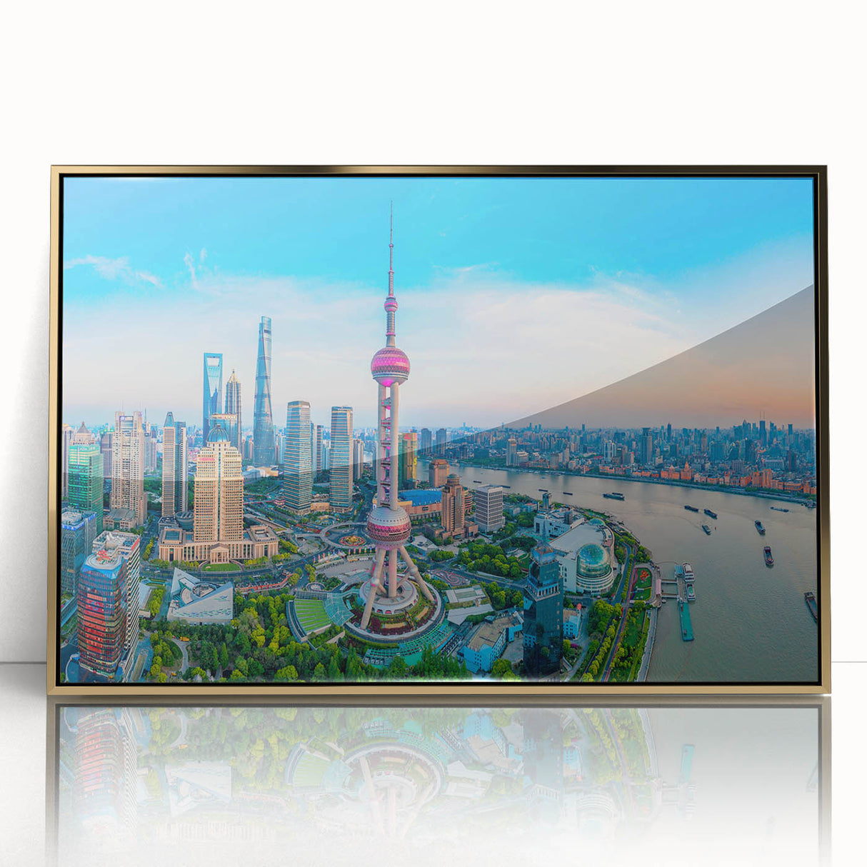 Large art print of a mid-century modernist style abstract design in muted earth tones on canvas.