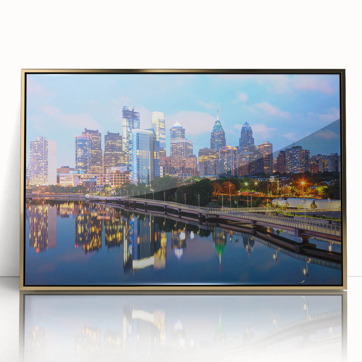 Large art print of a mid-century modernist cityscape in muted pastel shades, ideal for nursery wall art.