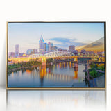 Large art print of a mid-century modernist abstract design in soft pastel shades on canvas, suitable for nursery wall art.