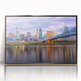 Large art print of a mid-century modernist cityscape in muted gray and blue tones, ideal for modern art wall decor.