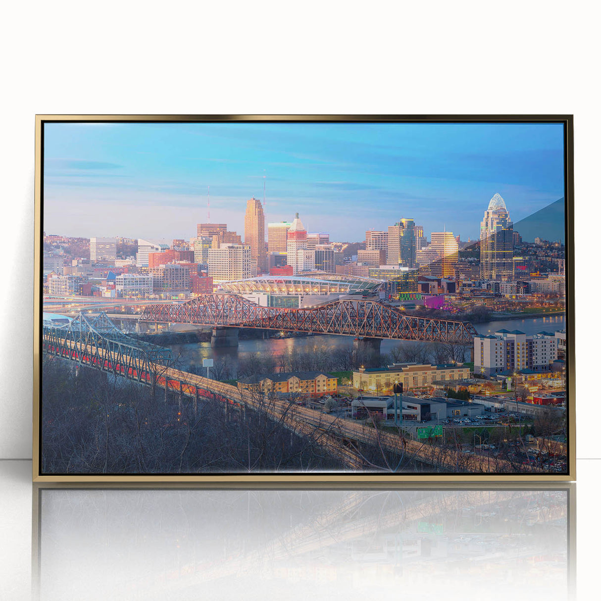 Large art print of a mid-century modernist cityscape in muted earth tones on canvas, ideal for modern art wall decor.