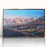 Large art print of a mid-century modernist cityscape in muted earth tones on canvas, ideal for modern art wall decor.