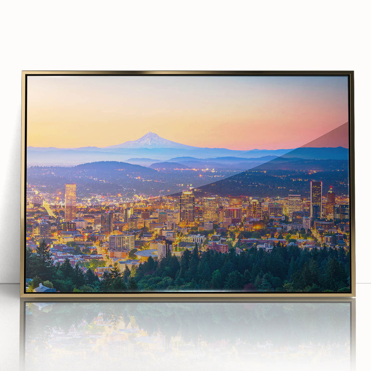 Large art print of a mid-century modernist cityscape in muted gray and blue tones on canvas, suitable for nursery wall art.