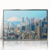 Mid-century modernist art featuring geometric shapes in muted blue and orange tones on canvas.