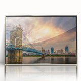 Mid-century modernist art featuring geometric shapes in muted earth tones on a framed canvas.