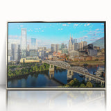 Mid-century modernist art poster featuring geometric shapes in muted earth tones, ideal for nursery wall decor.