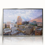 Mid-century modernist art deco poster featuring geometric shapes in muted pastel colors, ideal for nursery wall art.