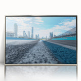 Mid-century modernist art poster featuring geometric shapes in muted pastel colors, ideal for nursery wall decor.