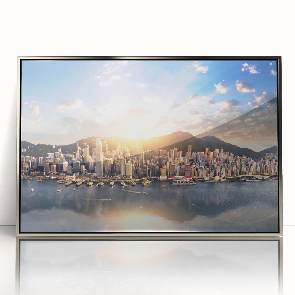 Mid-century modernist art poster featuring geometric shapes in muted blues and oranges, printed on canvas.