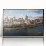 Mid-century modernist art deco poster with geometric shapes in muted colors on canvas, suitable for nursery wall art.